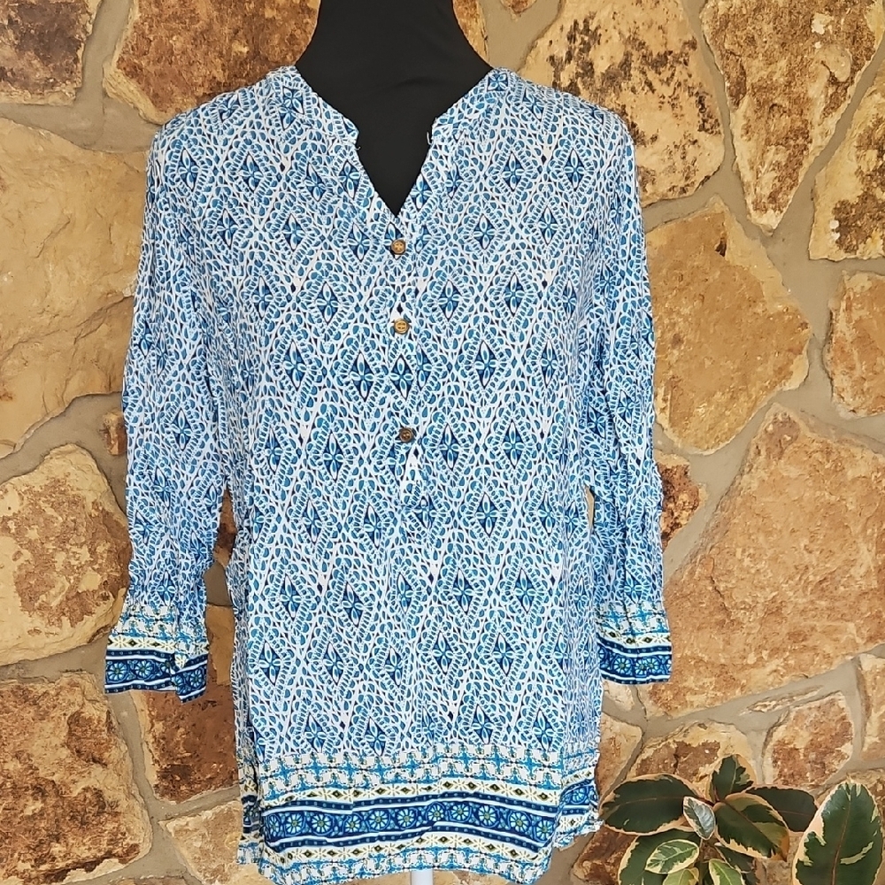 Coral Bay Blue‎ & White V Neck Split Hem 3/4 Sleeve Patterned Tunic Top Sz M